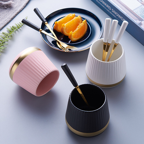 Gold-edged striped ceramic fruit fork storage jar, high-looking stainless steel fruit fork, household goodies, spoon and fork set