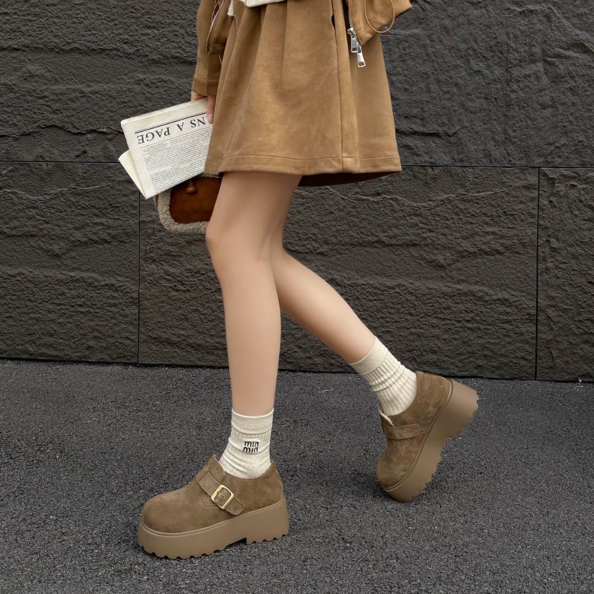 Matte leather keep warm non-slip fleece shoes platform