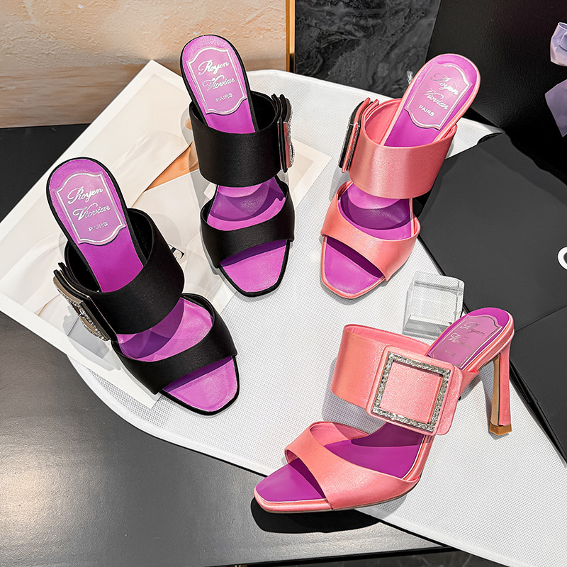 2026 Summer New Style Rv Square-Toe Rhinestone High-Heeled Sandals for Women with Flared Heels, Elegant High-End Satin Mules 2026 Summer New Style Rv Square-Toe Rhinestone High-Heeled Sandals for Women with Flared Heels, Elegant High-End Satin Mules