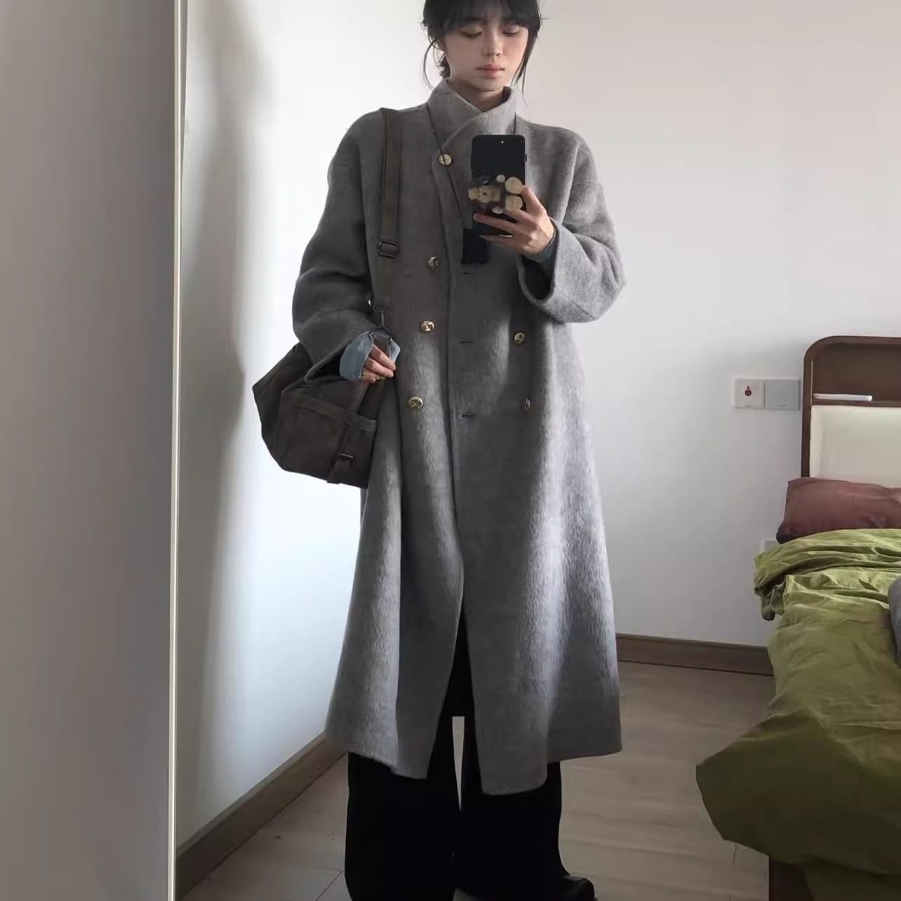 灰色毛呢大衣女年新款秋冬高级感毛呢小个子立领中长款外套