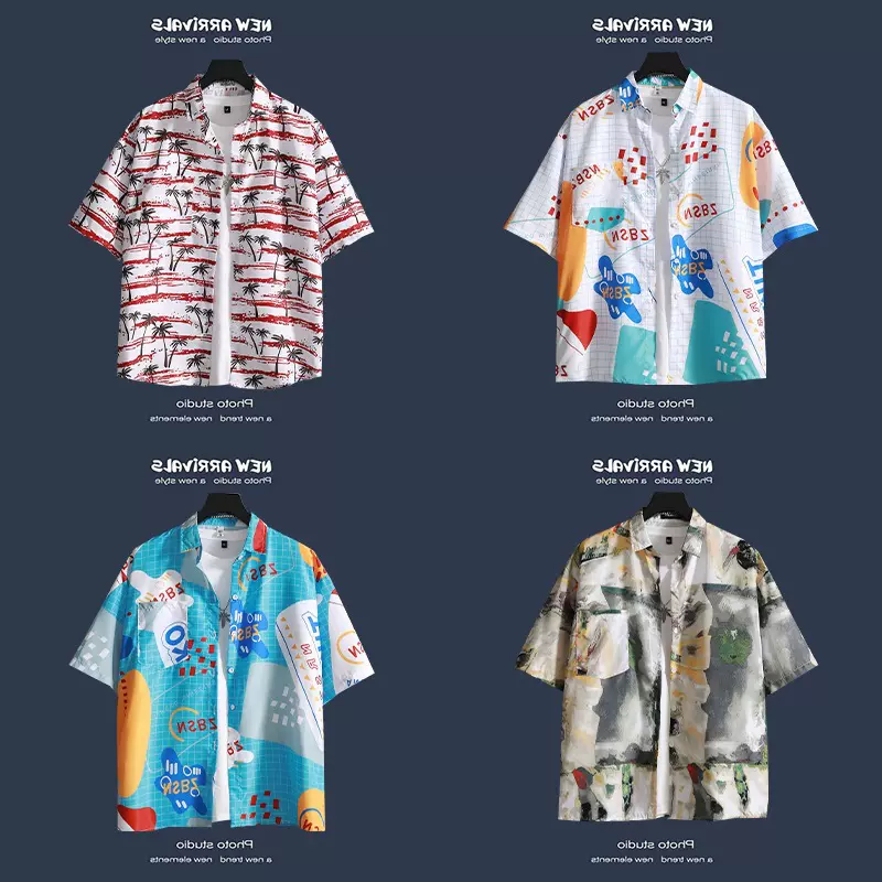海滩碎花衬衫短袖男夏季薄款宽松ins潮流复古夏威夷外套衬衣休闲