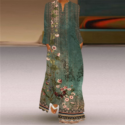 2026 New Women's Long Dress for Spring and Summer Cross-border Sales from Europe and America, V-neck, Long-sleeved, Pockets, Printed, Loose Fit Dress