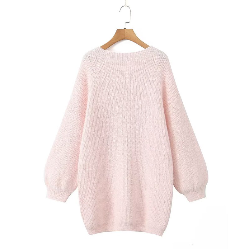 Lf1315 2025 Autumn New Women's European and American Style French Design Fashion Versatile V-Neck Low-Back Oversized Sweater