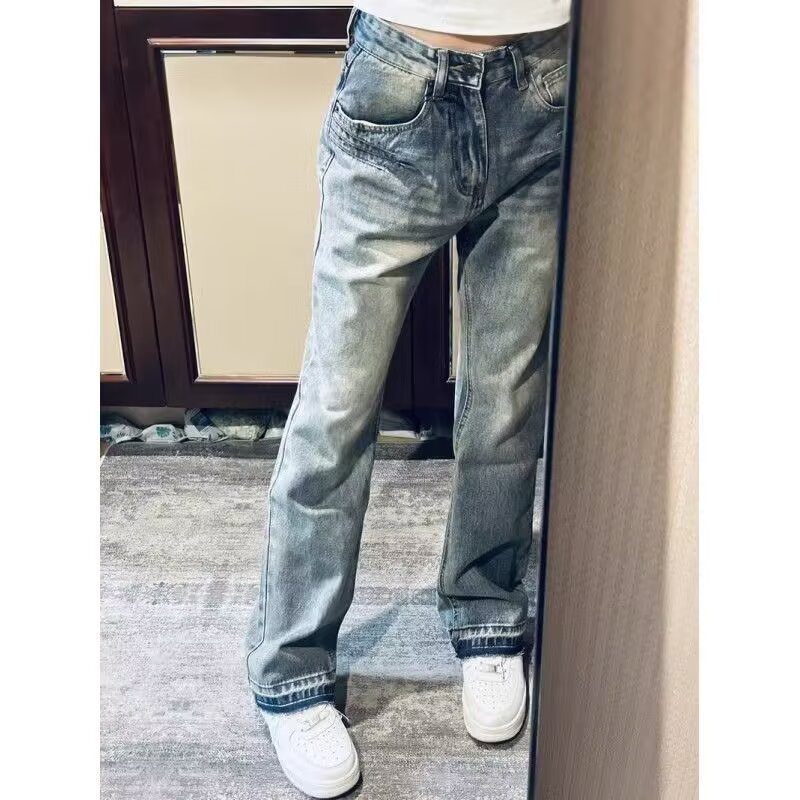 Teen Washed Denim Jeans American Style Summer Trendy Unisex High Street Loose Straight Leg Pants mid Waist Blue Long Non-Stretch_mkmklike.com