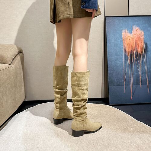 French Retro Chunky Boots Western Cowgirl Boots Autumn Tall Boots for Women Petite Khaki Long Boots