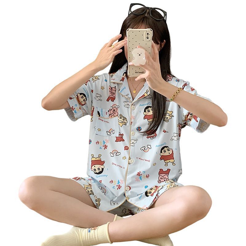 Venta al por mayor transfronteriza nuevo estilo imitación algodón de manga corta pantalones cortos pijamas mujeres rebeca de verano dulce y lindo dibujos animados casual servicio a domicilio