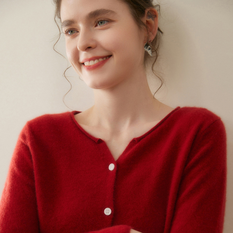 Classic Simple Rolled Edge Pure Color 100% Pure Cashmere Cardigan Women's Round Neck Loose Outer Knitwear Knitwear Jacket Classic Simple Rolled Edge Pure Color 100% Pure Cashmere Cardigan Women's Round Neck Loose Outer Knitwear Knitwear Jacket