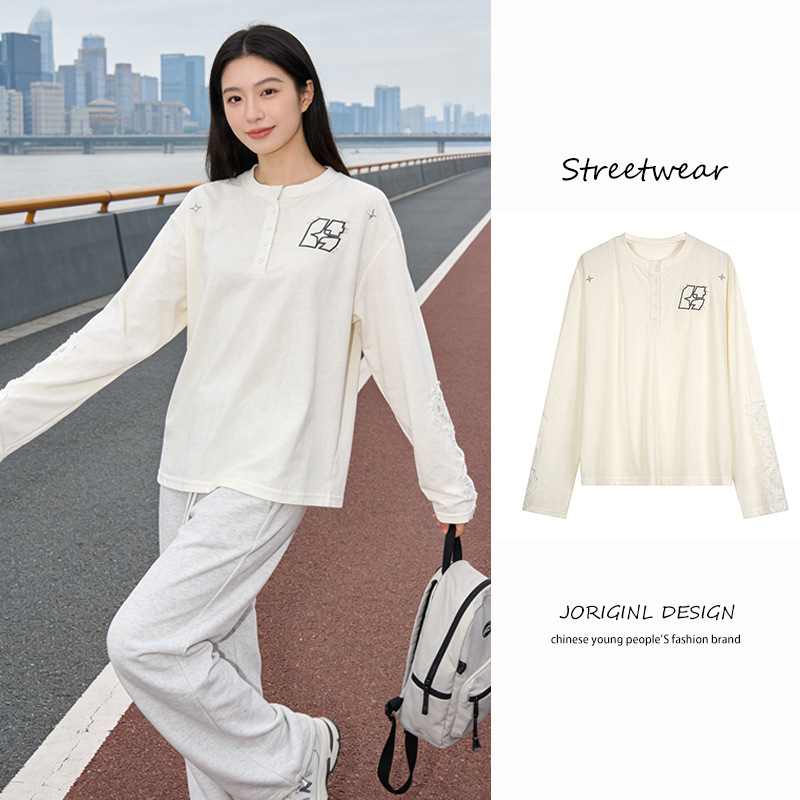 Henry Collar Lace Patchwork Letter Embroidery Beaded Long-Sleeve T-Shirt for Men, New Spring/Summer Loose Casual Top for Women, Trendy Henry Collar Lace Patchwork Letter Embroidery Beaded Long-Sleeve T-Shirt for Men, New Spring/Summer Loose Casual Top for Women, Trendy