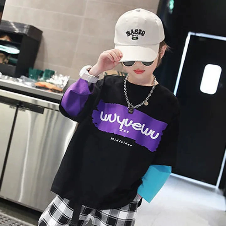 Long-sleeve boys' set, Korean style, 2-piece, sizes 100–160 cm (white/black/purple)