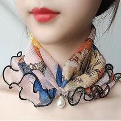 韓版珍珠網紗套頭小圍脖女脖套護頸絲巾春秋薄款時尚百搭裝飾紗巾