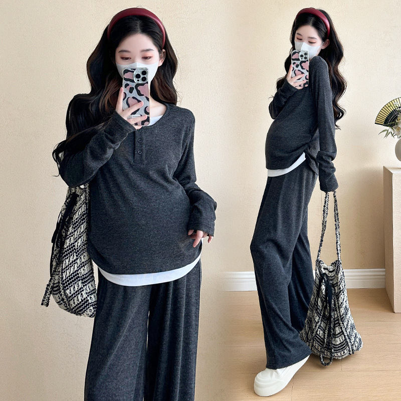 임산부 정장 2024 가을 신상품 레이지 스타일 가짜 투피스 상의 와이드 레그 팬츠 아우터웨어 패셔너블 임산부 정장 여성용