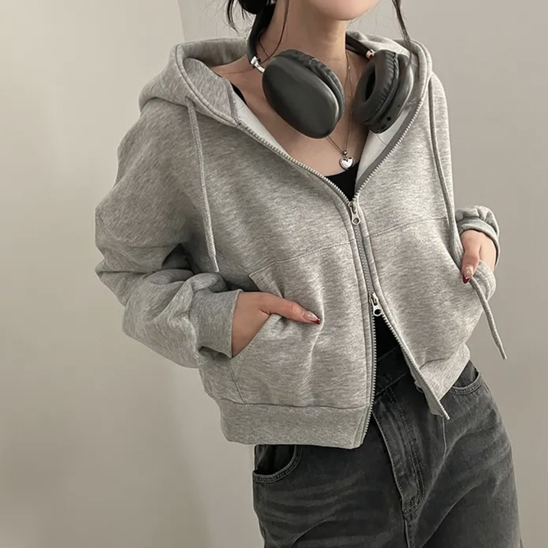 Korean Style Sports Preppy Style Gray Hooded Sweatshirt for Women with Double Zipper and Velvet Waist Loose Short Long-Sleeved Jacket Trendy