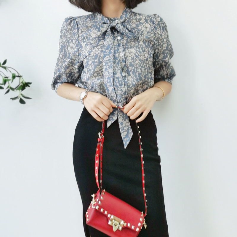 Special Offer: Summer Vintage Blue Floral Short-Sleeve Silk-Cotton Shirt for Women with Ribbon and Shell Buttons