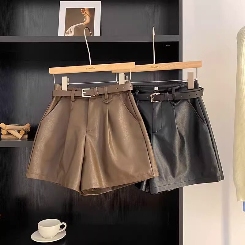 2024 Hong Kong Style Autumn New Style Versatile Black Pu Leather Shorts Slimming Outer Wear A-Line Wide Leg Pants