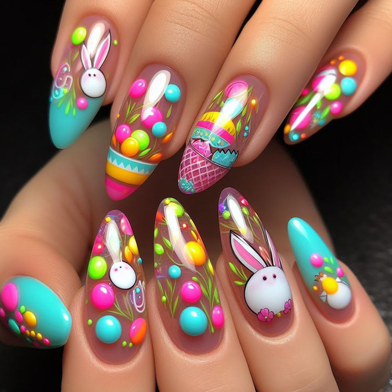 Wearable Almond-Shaped Easter Cartoon Cute Bunny Egg Reusable Fake Nail Stickers 24 Pieces