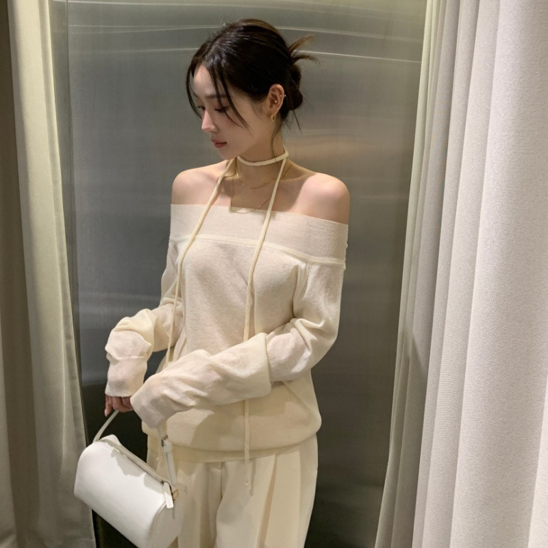 In-Stock Size Update Korean Chic Spring/Summer New French-Style Halter Strap Off-Shoulder Thin Knit Top