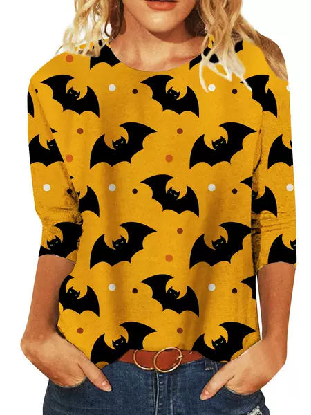 European and American AuTumn and WinTer Cross-border New Women's Halloween PrinTed Pullover Round Neck Women's T-shirT Loose Top Three-quarTer Sleeves