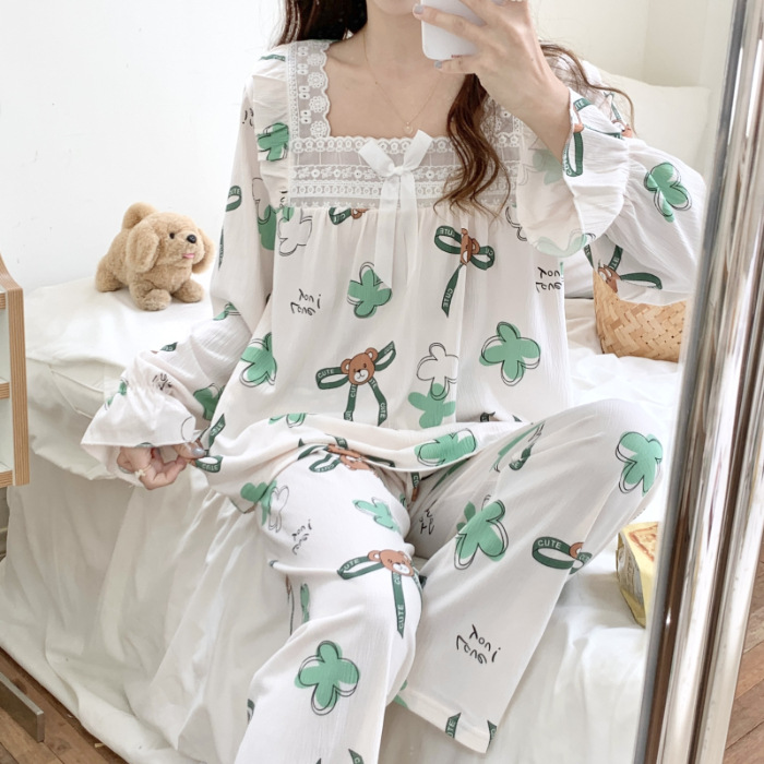 Popular fresco volantes pijamas para las mujeres primavera y otoño dulce princesa estilo manga larga más tamaño casual Home wear