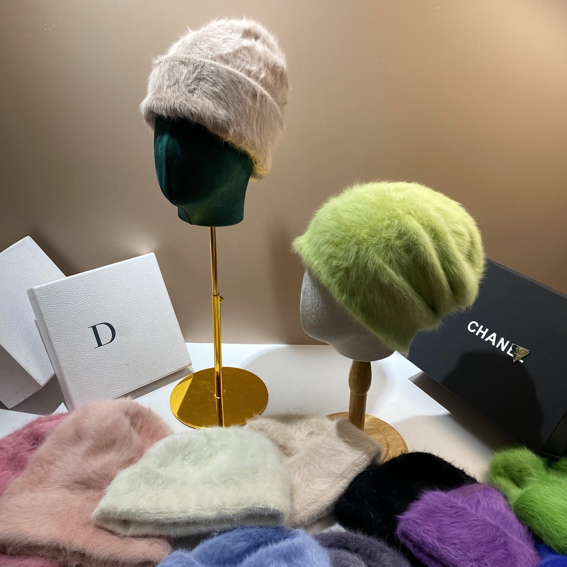 Koreansk plys-hat med to iført pandebånd til varme i efteråret og vinteren, Angora-kaninhår-hat, moderigtigt og_voghion.com