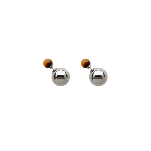 Autumn and winter Maillard tiger eye stone S925 silver needle double ball texture metal ball tiger eye stone earrings commuting all-match earrings