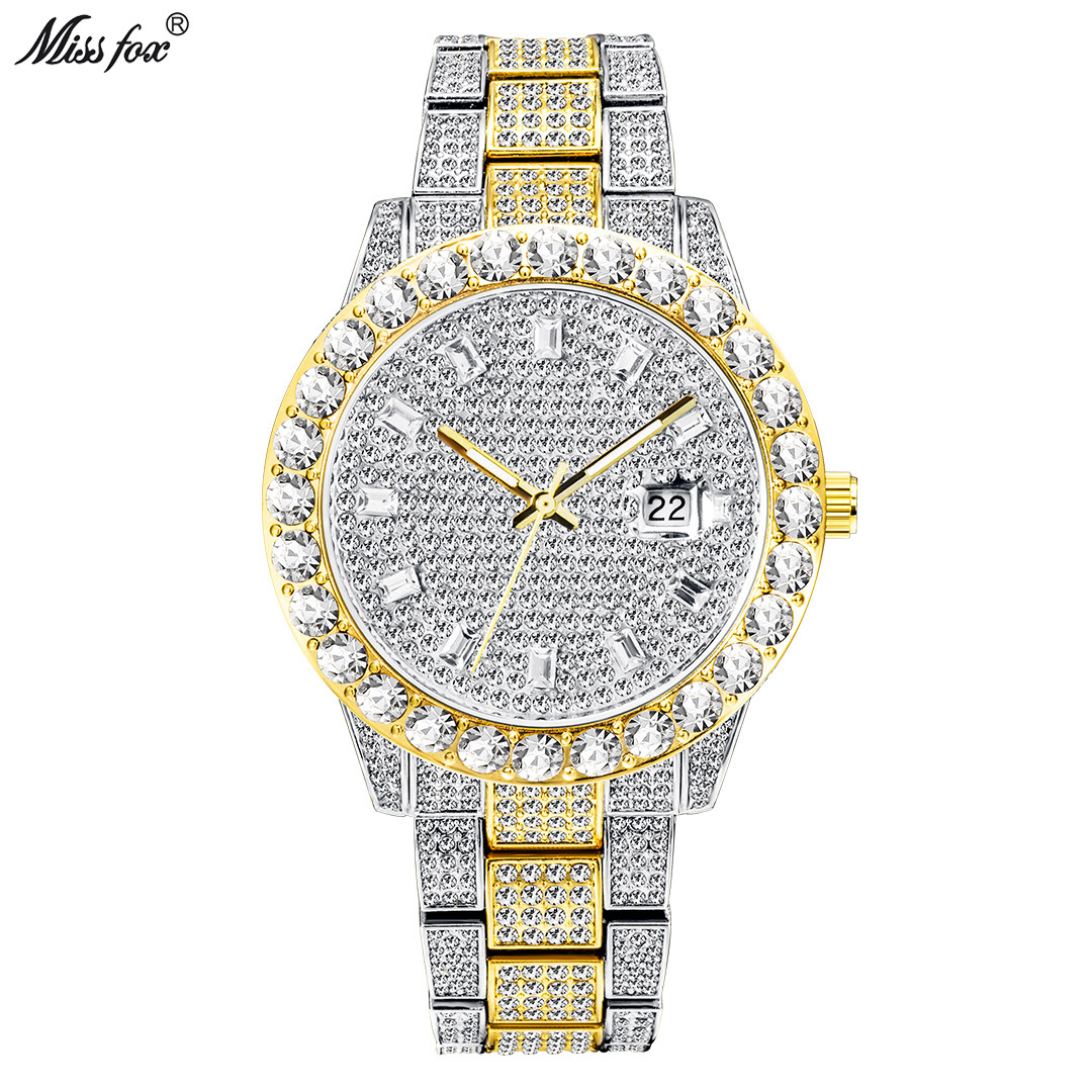 Orologio da polso da uomo al quarzo con quadrante grande, placcato oro con diamanti, orologio in metallo di alta gamma alla moda, stili popolari_voghion.com