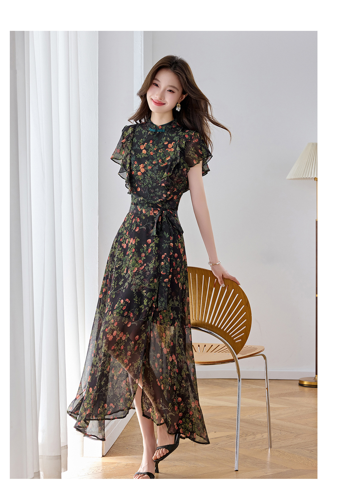 Đầm maxi nữ thắt eo họa tiết hoa nhí hai dây mặc hai kiểu Z5718 — Hoa đỏ, Chấm tròn chi tiết 23