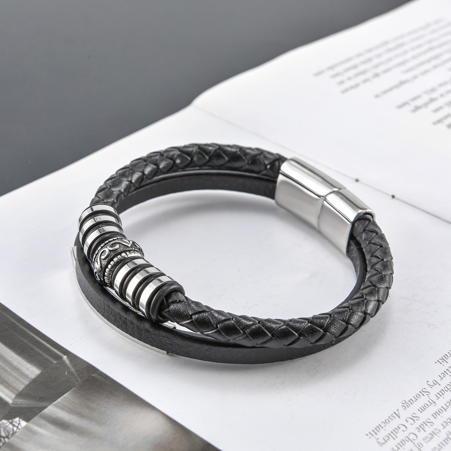 Cross-Border Vintage Braided Men's Leather Rope Bracelet Couple Bracelet Stainless Steel Magnetic Buckle Leather Braided Bracelet