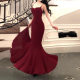 High-End New Step-By-Step Lotus Fishtail Skirt Red Knitted Suspender Dress Women's Evening Dress