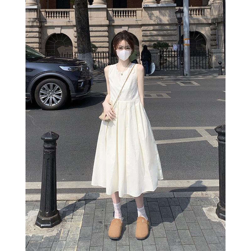 Apricot Sleeveless Thickened Women's Dress Women's Summer New French Waist Slimming Mid-Length Fairy Vest Skirt