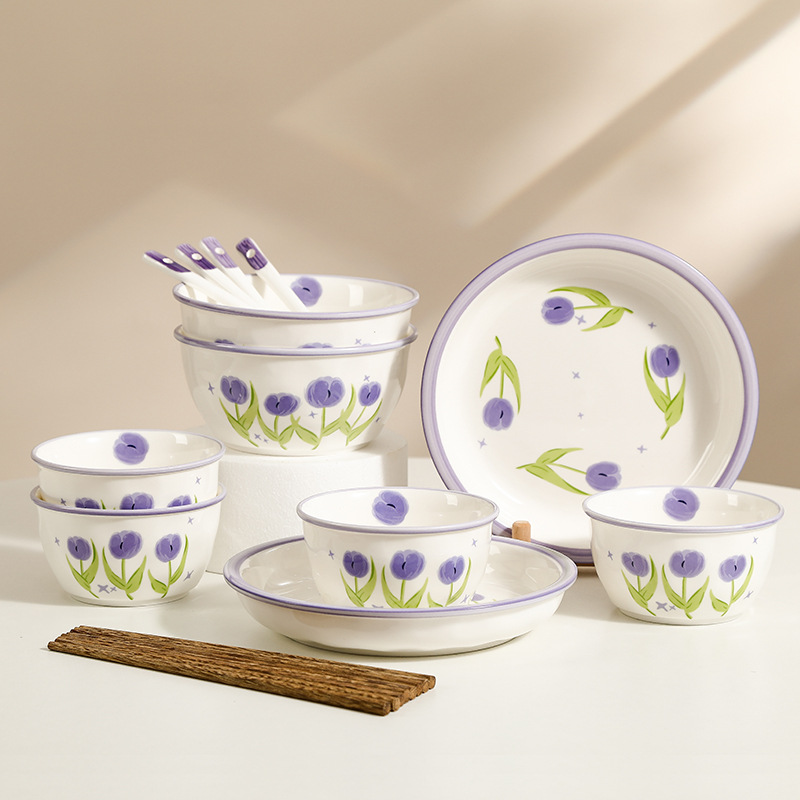Dutch Tulip Nordic Style Bowl, Plate and Utensil Set High-Quality Ceramic Tableware Set Creative Bowl and Chopsticks Bank Gift