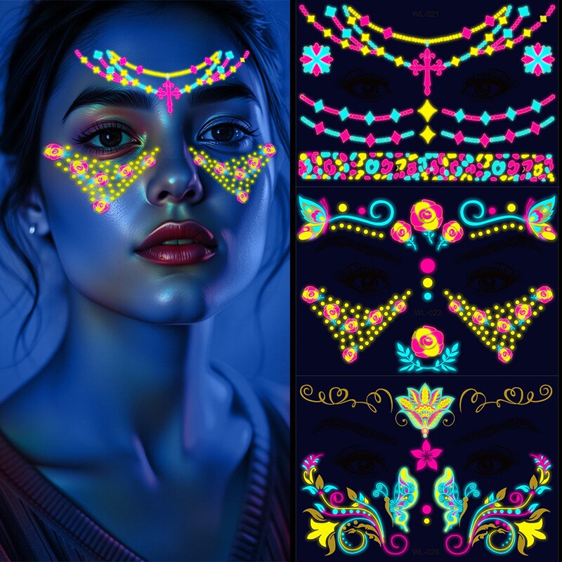 Cross-Border 12-Piece Set of European and American Music Festival Gold Foil Fluorescent Face Stickers, Waterproof Nightclub Makeup Party Neon Glowing Tattoo Stickers Cross-Border 12-Piece Set of European and American Music Festival Gold Foil Fluorescent Face Stickers, Waterproof Nightclub Makeup Party Neon Glowing Tattoo Stickers