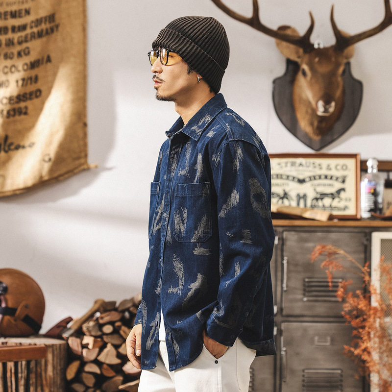 American Retro Style Jacquard Denim Shirt for Men, Long-Sleeved 2026 New Style Loose Workwear Shirt, Men's Spring and Autumn Jacket American Retro Style Jacquard Denim Shirt for Men, Long-Sleeved 2026 New Style Loose Workwear Shirt, Men's Spring and Autumn Jacket