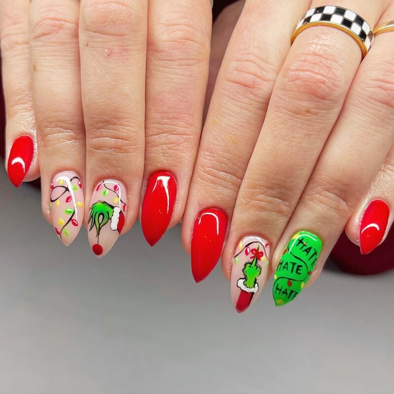 24 Pieces of Christmas Green-Haired Monster Grinch Red Hat Green-Headed Rattan Lantern Nail Art Pieces Almond Glossy Red and Green Nail Pieces