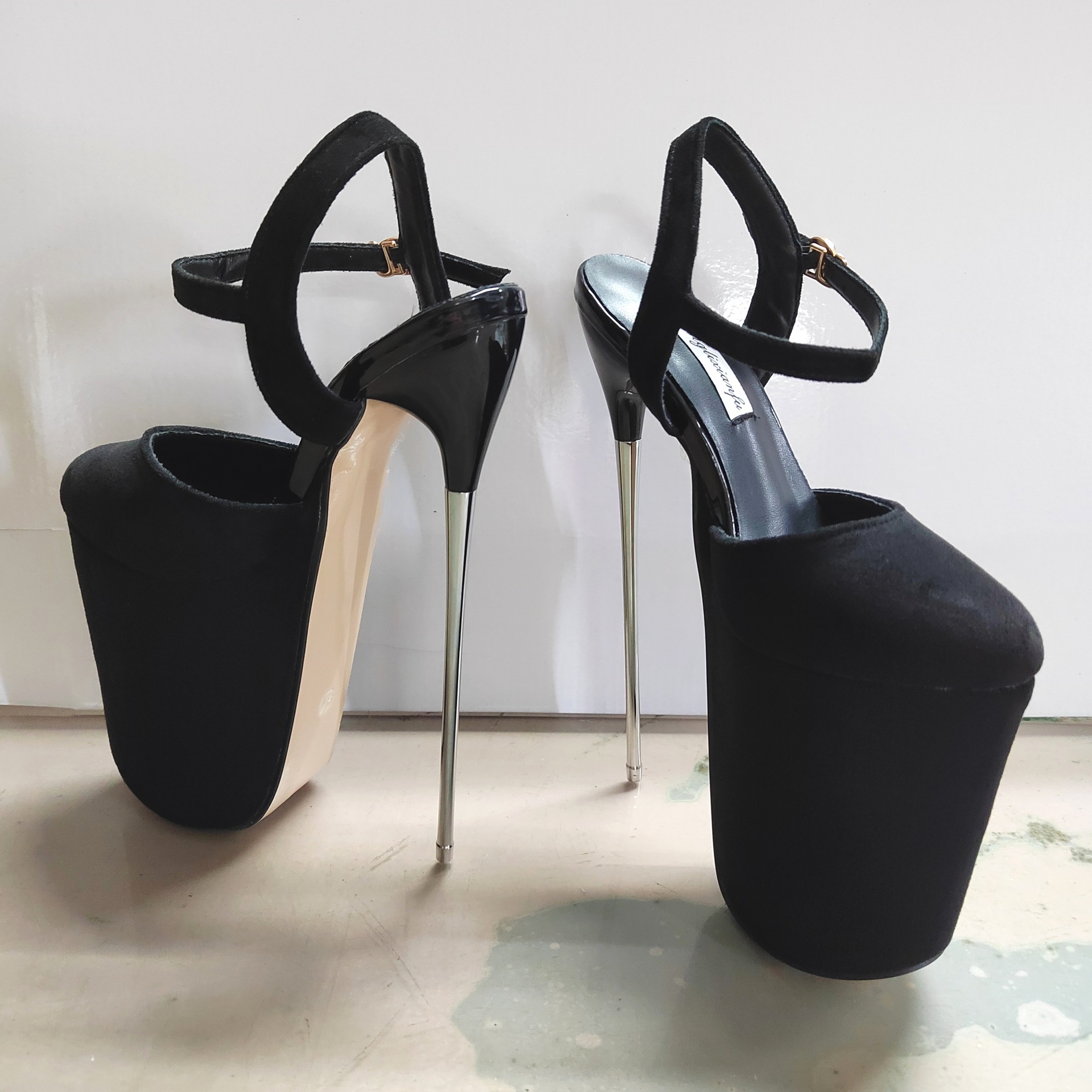 Giày sandal cao gót nữ mũi trắng gót siêu cao 22 cm đế dày — màu đen