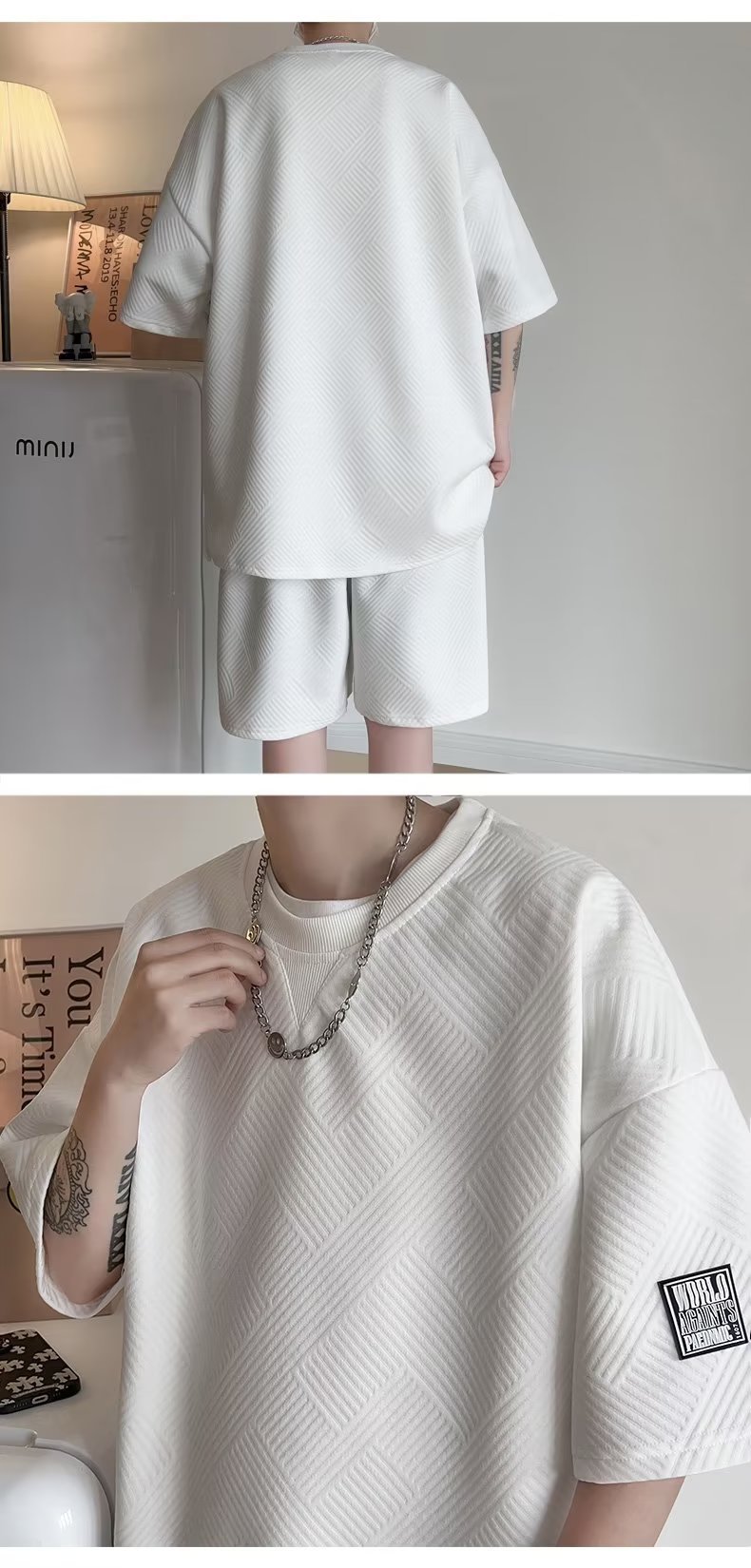 Ice Silk Waffle Short Sleeve T-Shirt Set for Boys And Teenagers Summer Casual Sports Shorts Stylish Outfit Regular Fit Micro-Elastic_viptrois.com