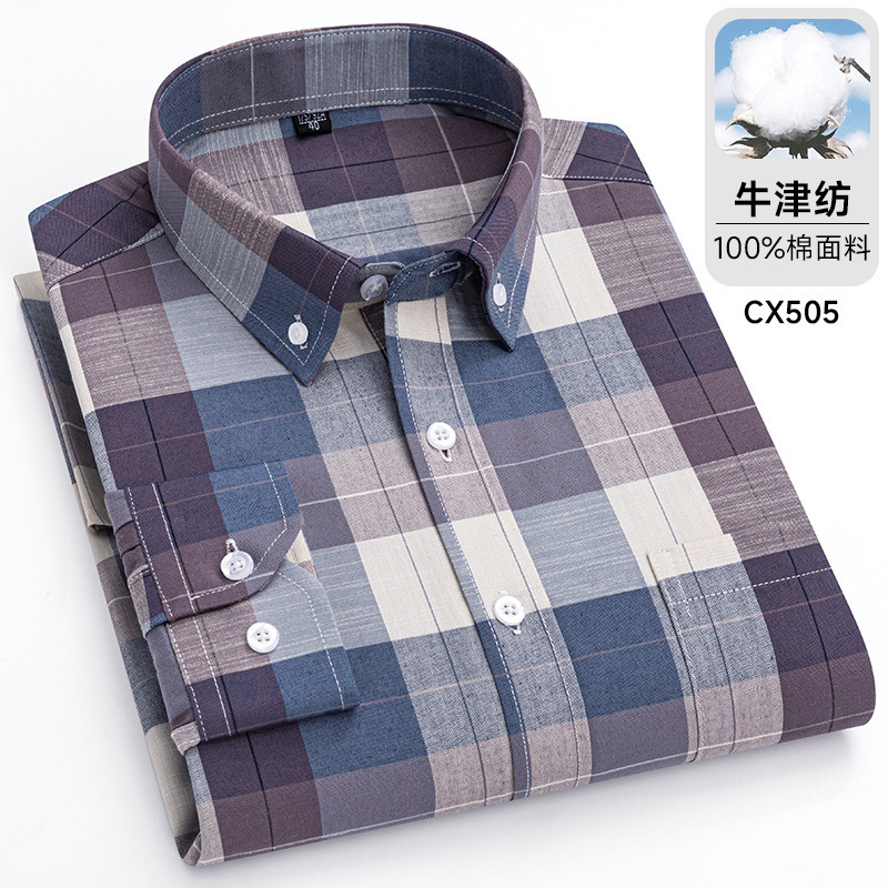 2026 Spring Middle-Aged and Elderly Men's Pure Cotton Oxford Long-Sleeve Shirt, Loose Casual Large Size Thick Cotton Shirt