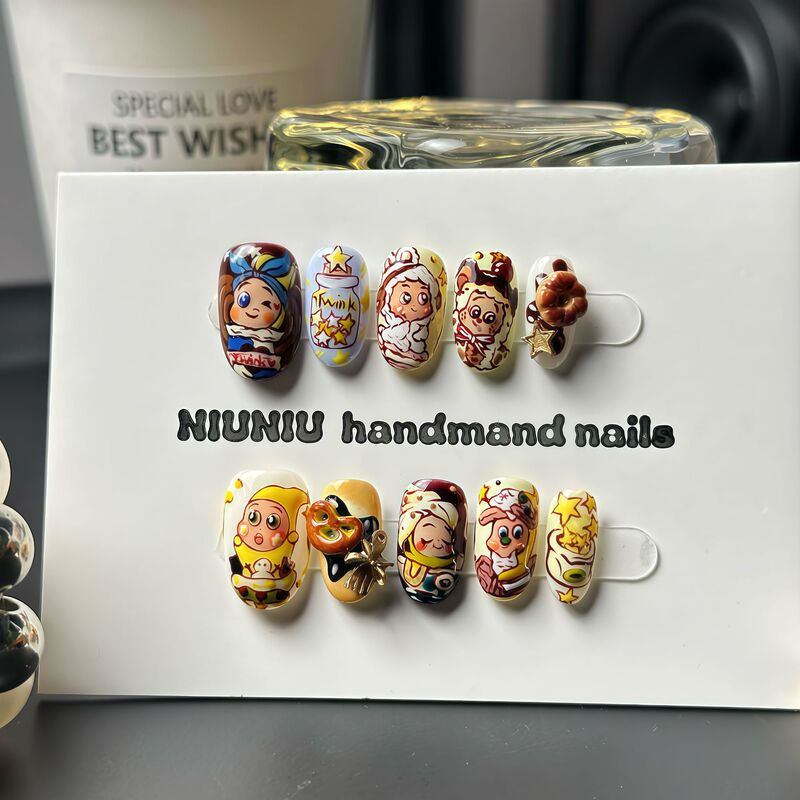 Hot Girl Cookie Star Handmade Hand-Painted Wearable Nails High-End Cartoon Cute Short Sweet Cool Nail Art Wholesale