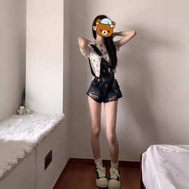 美式复古y2k辣妹破洞牛仔背带裤夏季新款小个子显瘦设计连体短裤