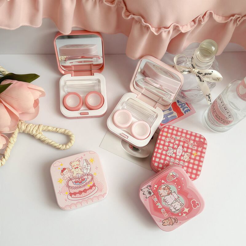 Ins Contact Lens Box Contact Lens Box Portable Girly Heart Simple Storage Care Box with Mirror Companion Box As841