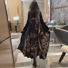 大码复古印花长款马甲外套春秋女围巾领无袖宽松显瘦气质外搭