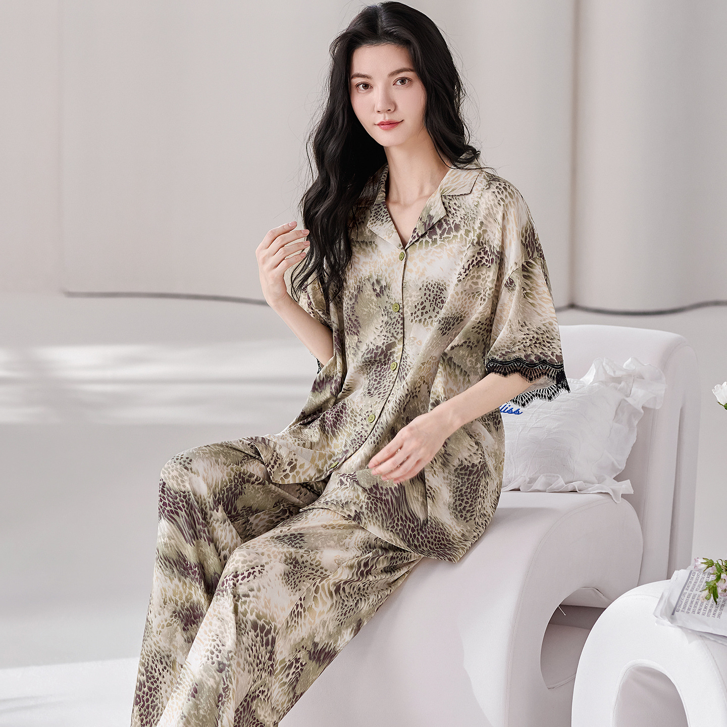 韩式纯棉睡衣女夏季短袖长裤翻领开衫大码3XL宽松休闲家居服套装