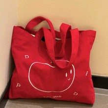 小红书同款大容量简约托特包灯芯绒苹果刺绣复古百搭通勤单肩包包