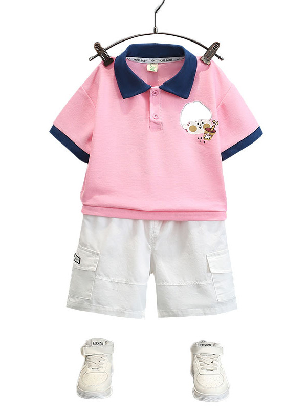 5712 Traje de impresión de dibujos animados para niños Camisa POLO de manga corta para bebés Traje de dos piezas de dopamina de verano para niños