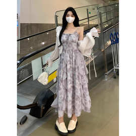 法式灰色扎染吊带连衣裙清冷感仙气仙女裙百搭绑带中长裙子女