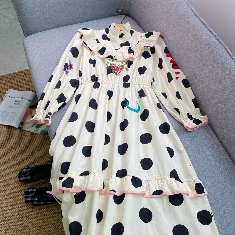 Danish Retro Polka Dot Print Heart Flower Beaded Dress Lace Stand Collar Ruffled Long-Sleeved Skirt Women's Autumn