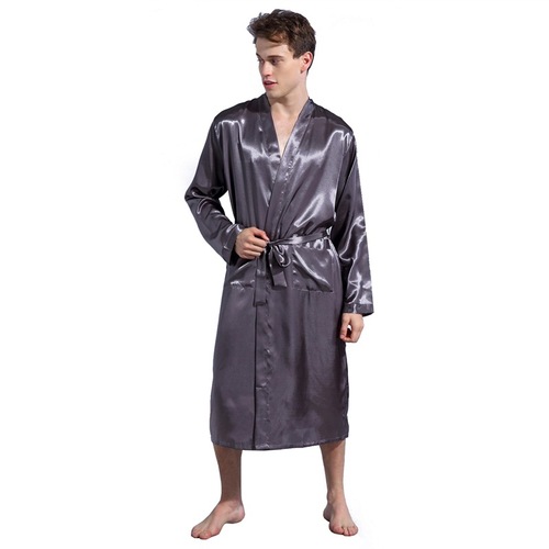 Cross-border men's solid color robe thin cardigan nightgown loose large size long sleeve spring and autumn glossy satin bathrobe