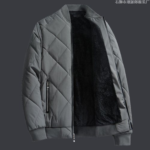 Men's Winter Cotton Jacket with Plush Baseball Collar, Grey, 2025 New Arrival Winter Coat for Middle-Aged Dads, Bulk Selling