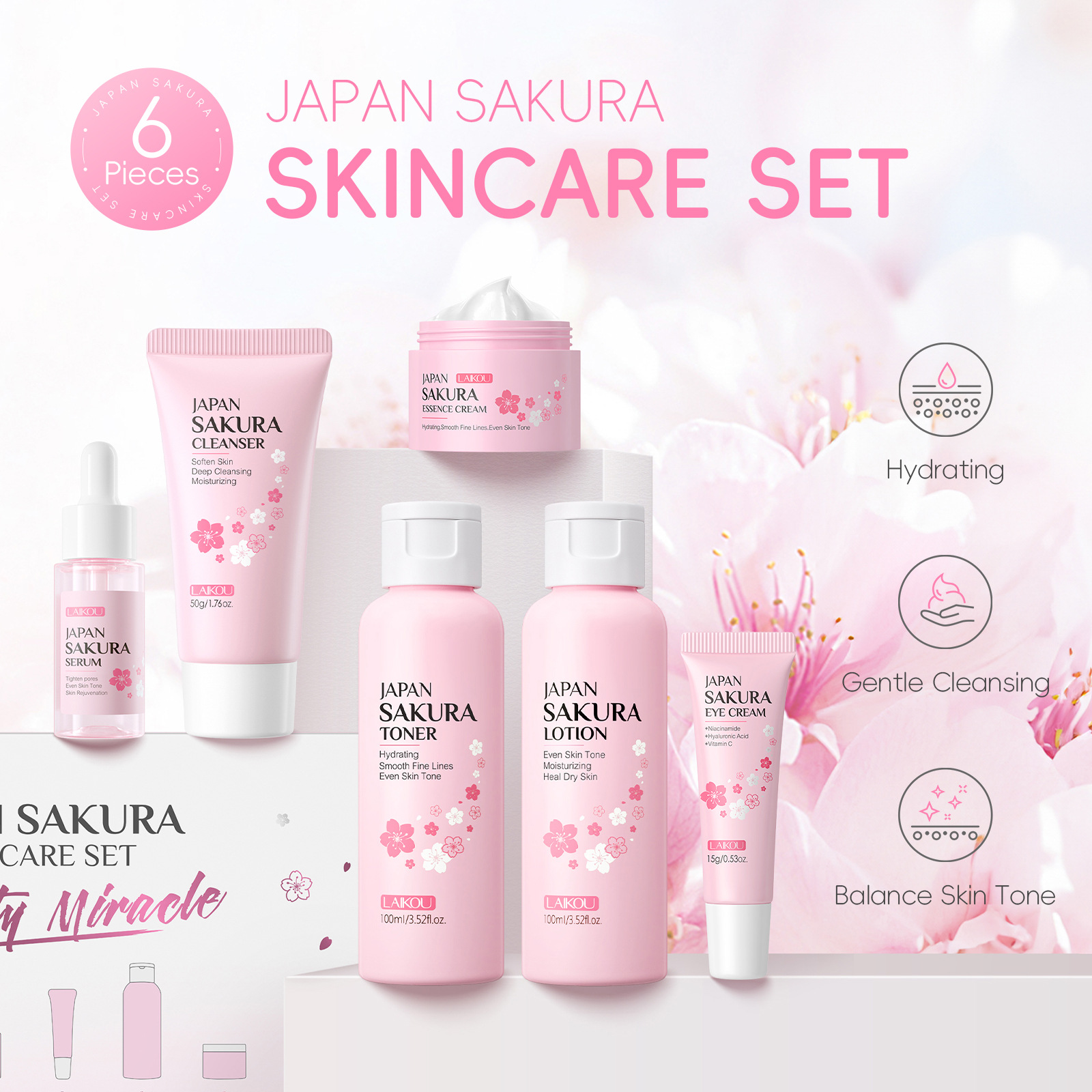Cross-border LAIKOU Cherry Blossom Skincare Set of 6 pieces: Facial Cleanser, Lotion, Essence, Eye Cream, Essence, Cream and skincare products Item Picture