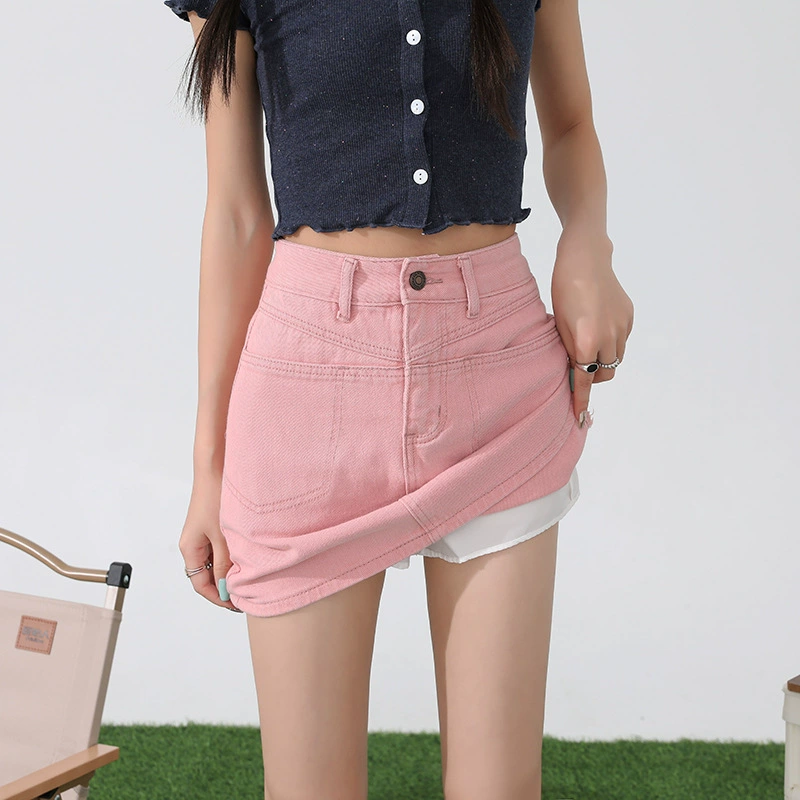 Fuchsia summer denim skirt, universal protective underware, hip-accented