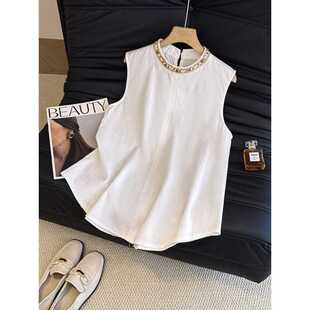 2025 New Summer Style High-End Back Slit Micro-Pleated Lace Beaded Linen Sleeveless Top for Women